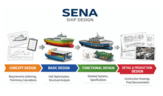 This image shows a technical blueprint for a ship design called the "SENA SHIP DESIGN"