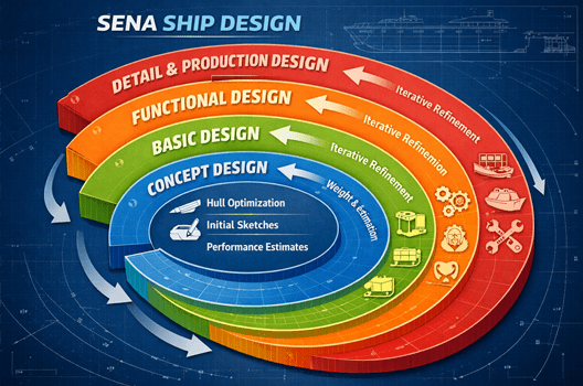 This image shows a technical blueprint for a ship design called the "SENA SHIP DESIGN"