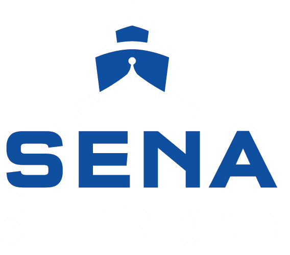 This image shows a technical blueprint for a ship design called the "SENA SHIP DESIGN",Delivery of a Complete Range of Marine Consultancy Services