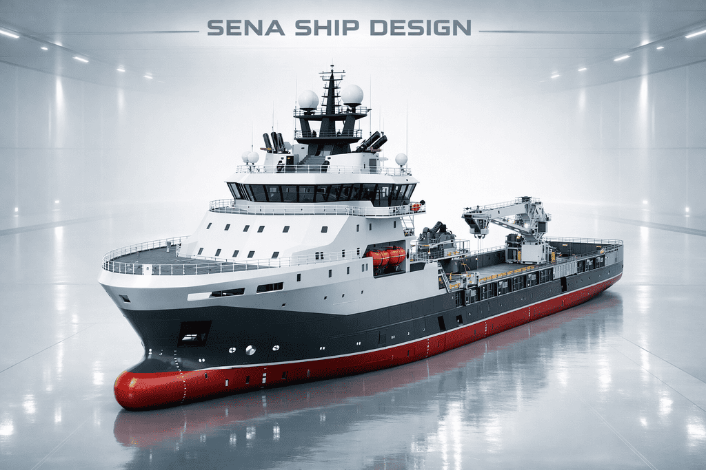 detailed 3D rendering of a large ship design by Sena Ship Design, featuring various technical components and features