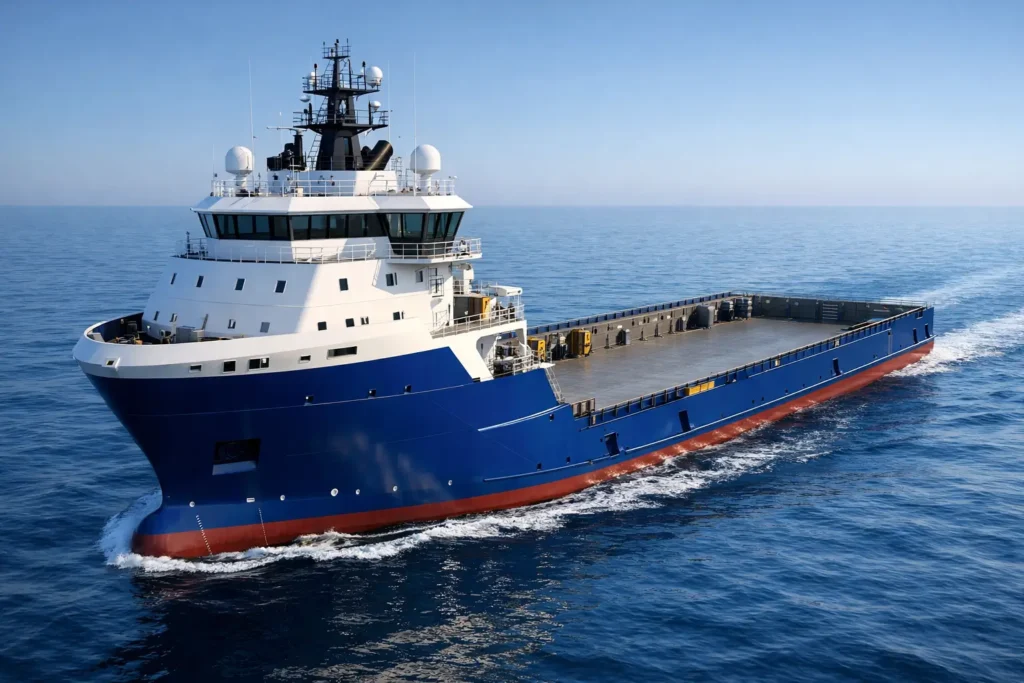large blue and white cargo ship or vessel sailing on a calm, blue ocean