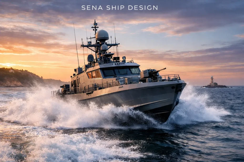 high-speed military ship designed by Sena Ship Design, speeding through the waves at sunset.